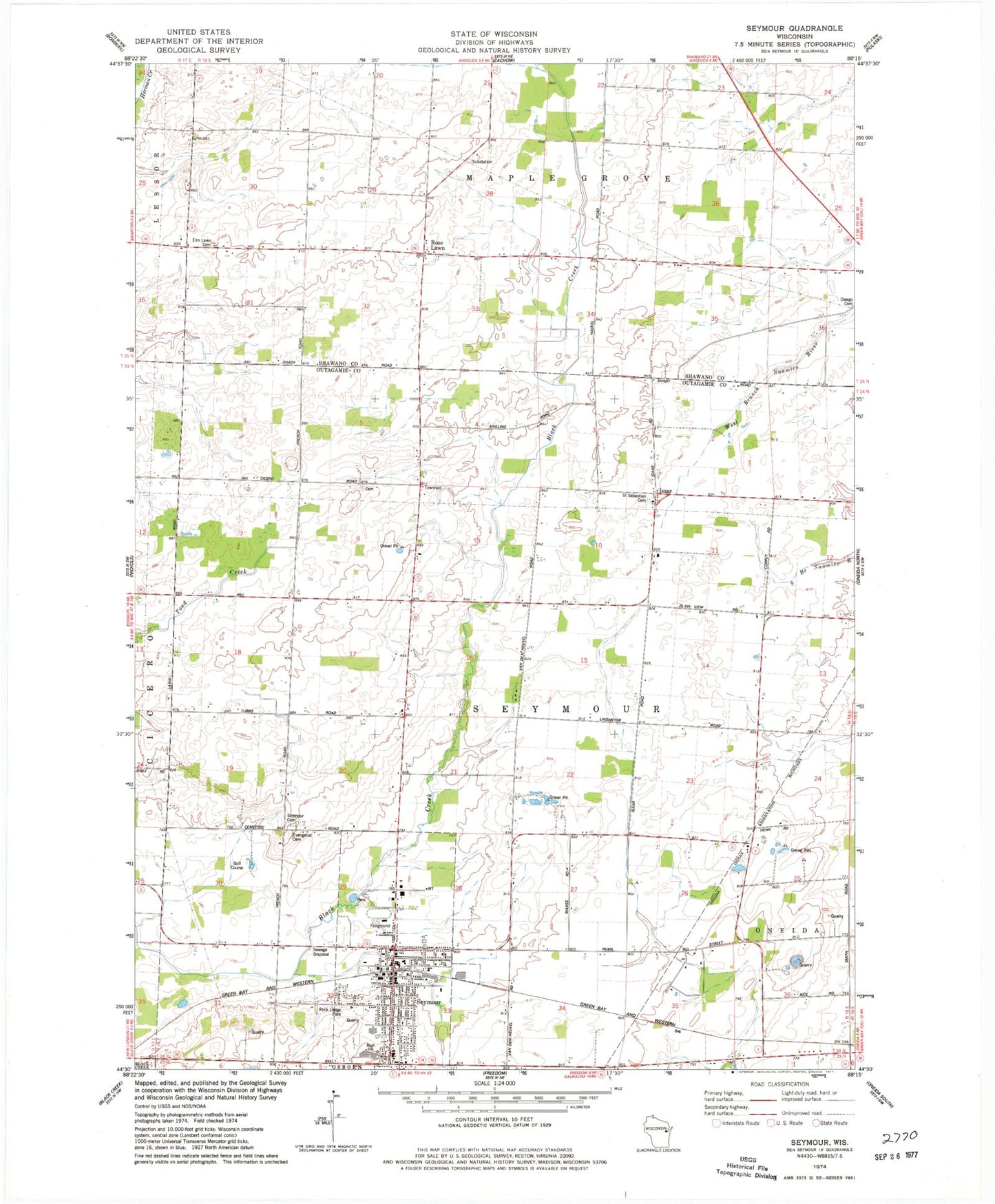 Classic USGS Seymour Wisconsin 7.5'x7.5' Topo Map Image