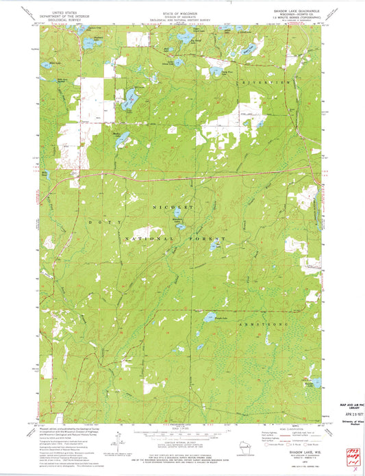 Classic USGS Shadow Lake Wisconsin 7.5'x7.5' Topo Map Image