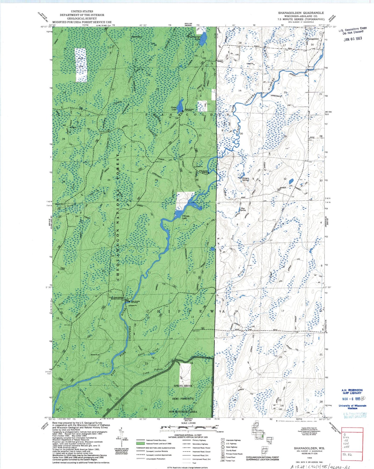 Classic USGS Shanagolden Wisconsin 7.5'x7.5' Topo Map Image