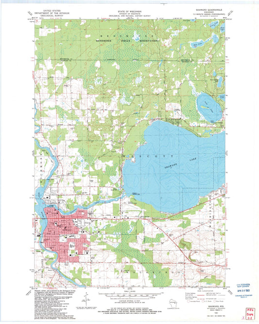 Classic USGS Shawano Wisconsin 7.5'x7.5' Topo Map Image