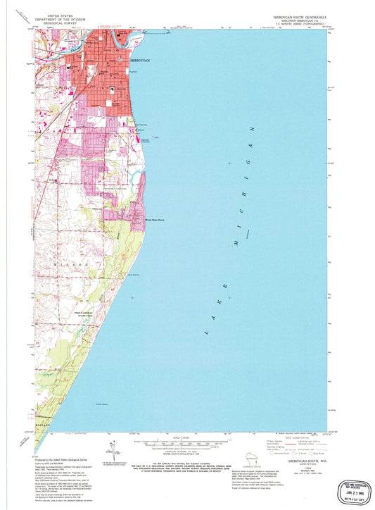 Classic USGS Sheboygan South Wisconsin 7.5'x7.5' Topo Map Image