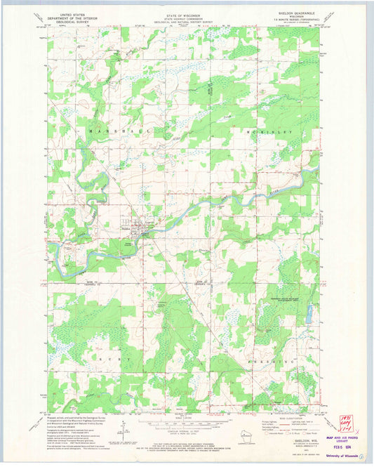 Classic USGS Sheldon Wisconsin 7.5'x7.5' Topo Map Image