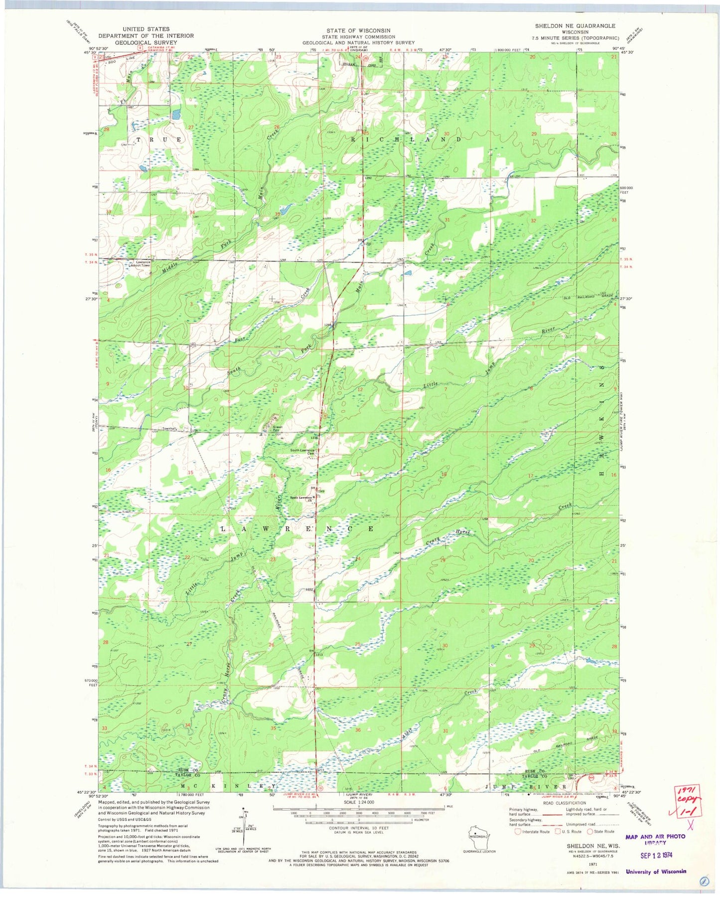 Classic USGS Sheldon NE Wisconsin 7.5'x7.5' Topo Map Image