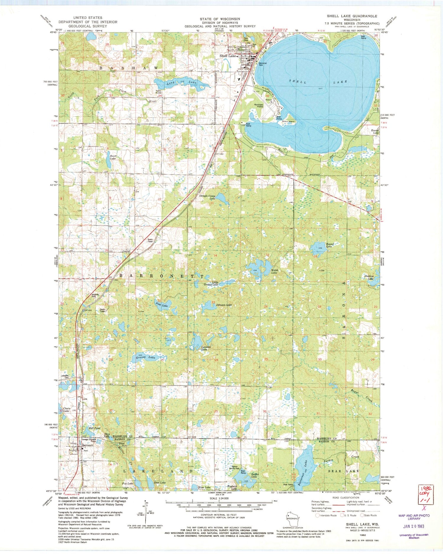 Classic USGS Shell Lake Wisconsin 7.5'x7.5' Topo Map Image