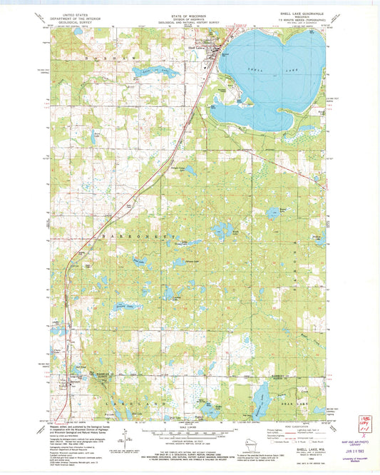 Classic USGS Shell Lake Wisconsin 7.5'x7.5' Topo Map Image