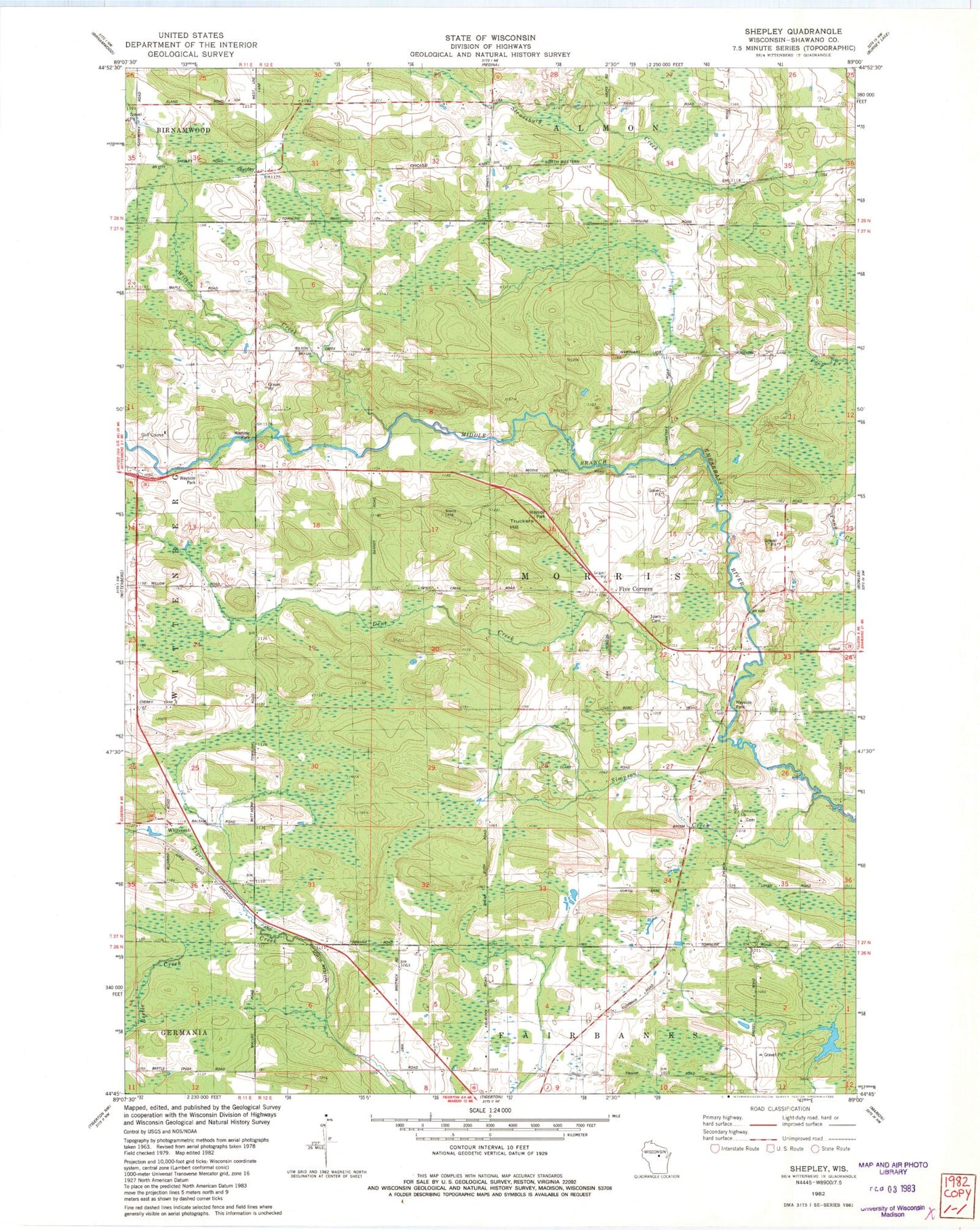 Classic USGS Shepley Wisconsin 7.5'x7.5' Topo Map Image