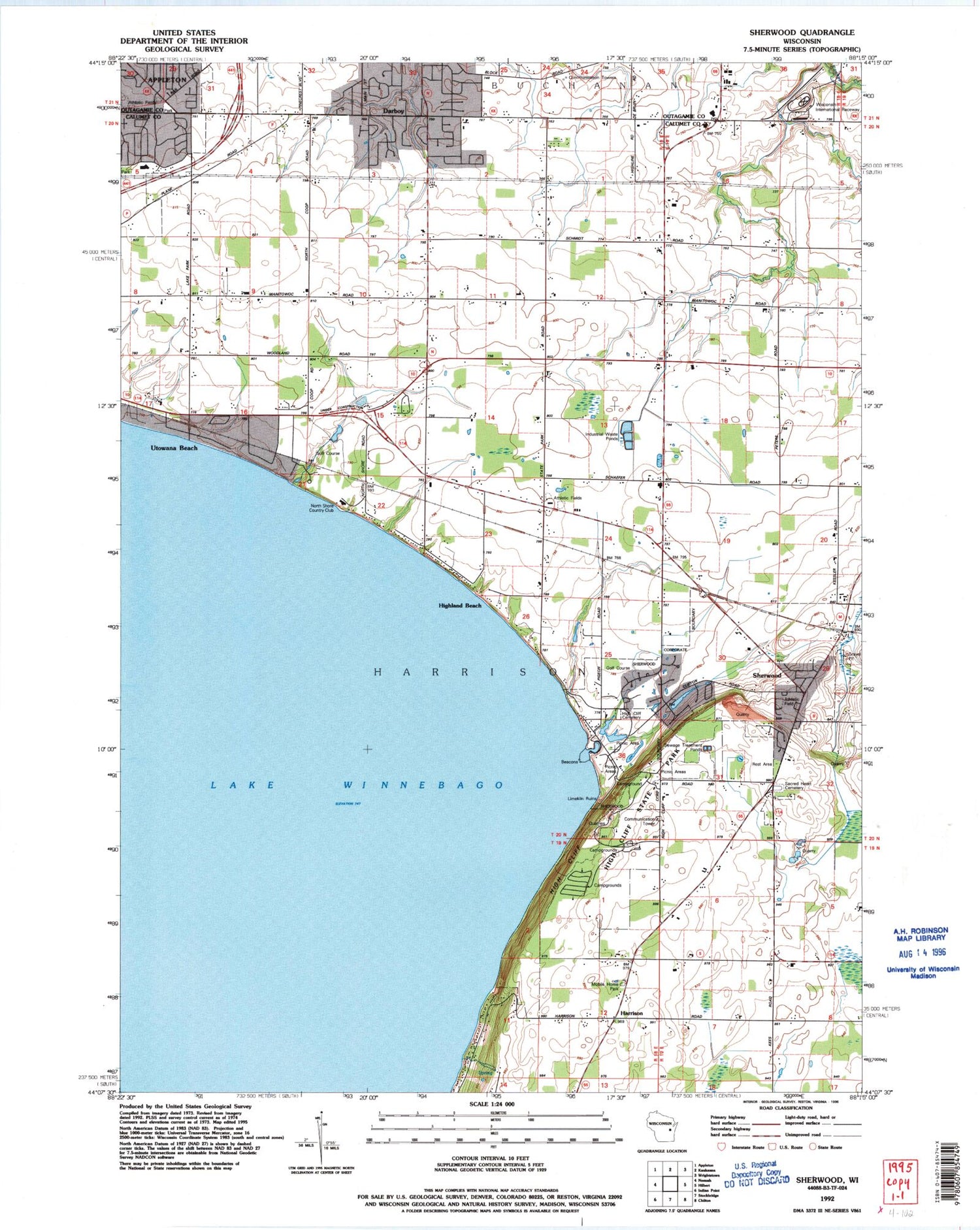 Classic USGS Sherwood Wisconsin 7.5'x7.5' Topo Map Image