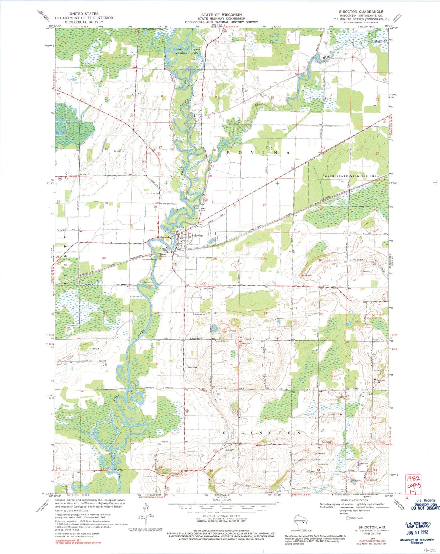 Classic USGS Shiocton Wisconsin 7.5'x7.5' Topo Map Image
