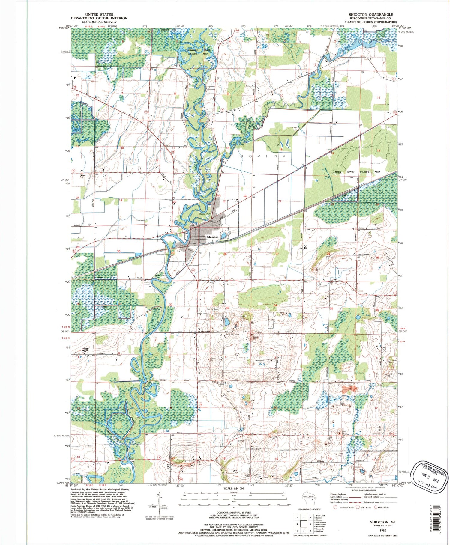 Classic USGS Shiocton Wisconsin 7.5'x7.5' Topo Map Image
