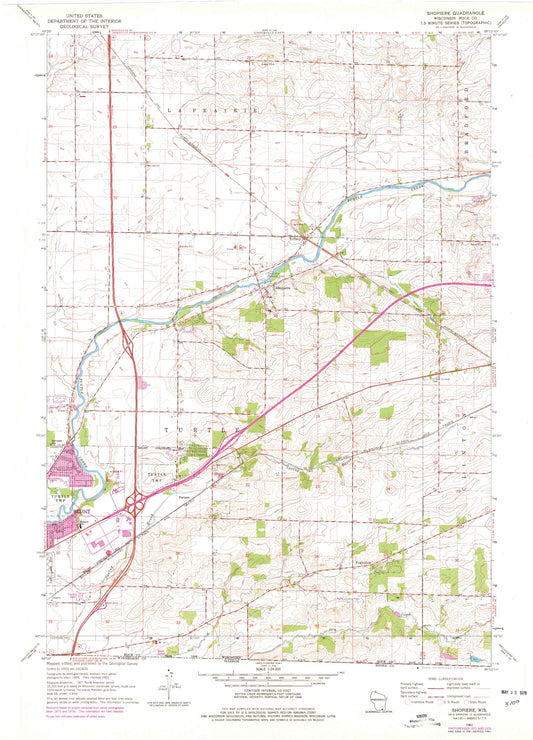 Classic USGS Shopiere Wisconsin 7.5'x7.5' Topo Map Image
