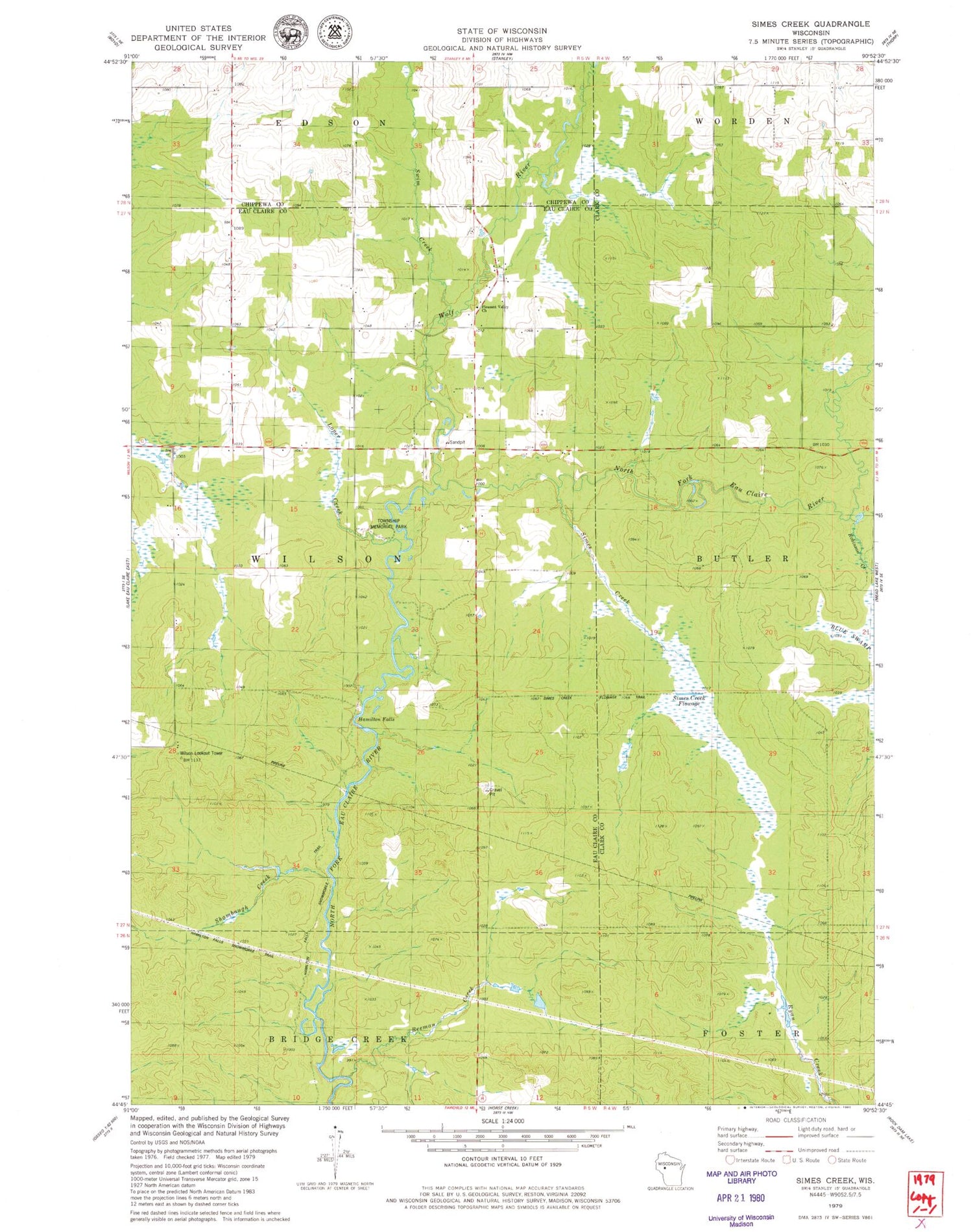 Classic USGS Simes Creek Wisconsin 7.5'x7.5' Topo Map Image