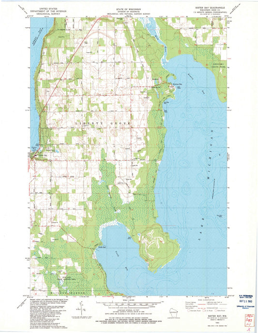 Classic USGS Sister Bay Wisconsin 7.5'x7.5' Topo Map Image