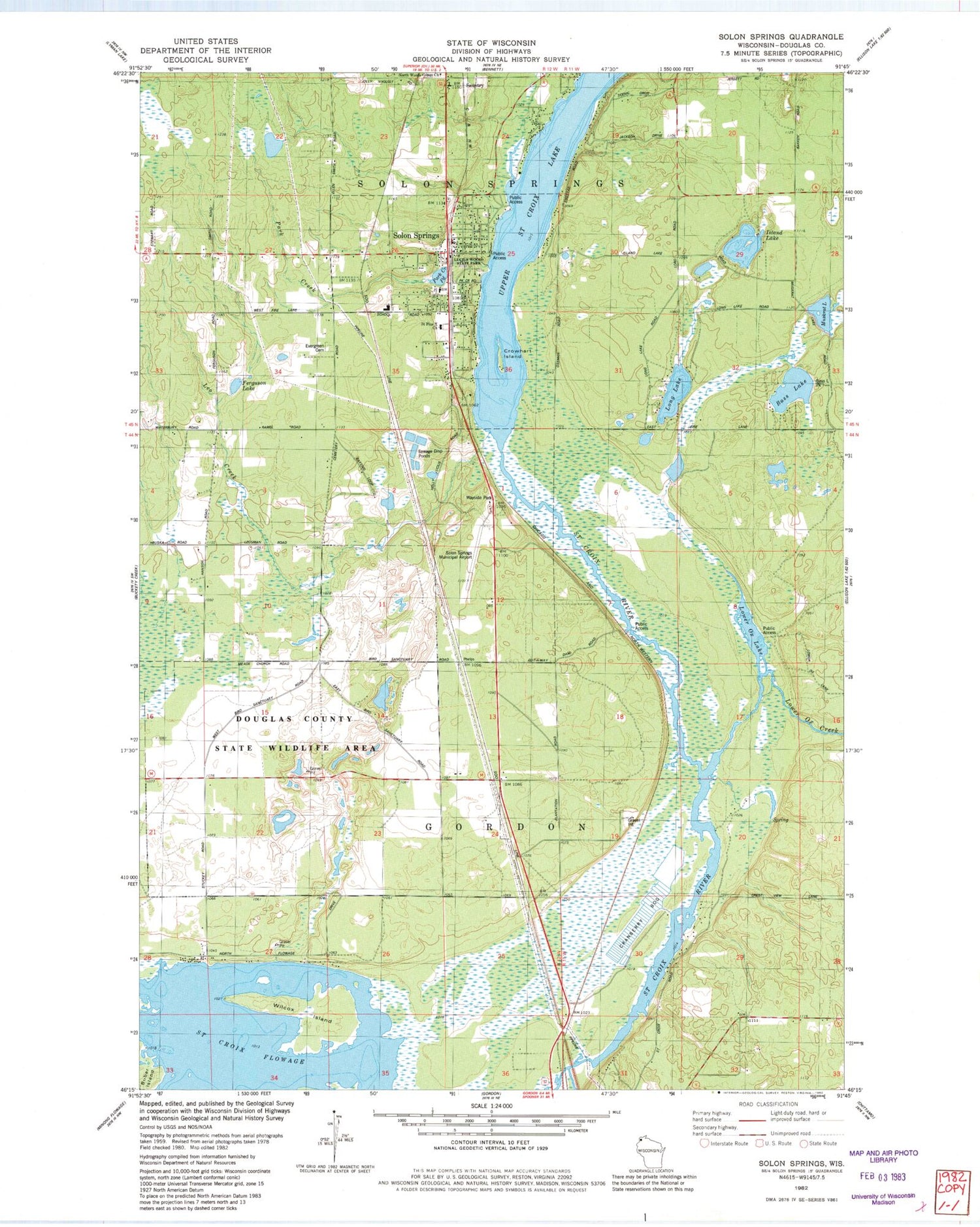 Classic USGS Solon Springs Wisconsin 7.5'x7.5' Topo Map Image