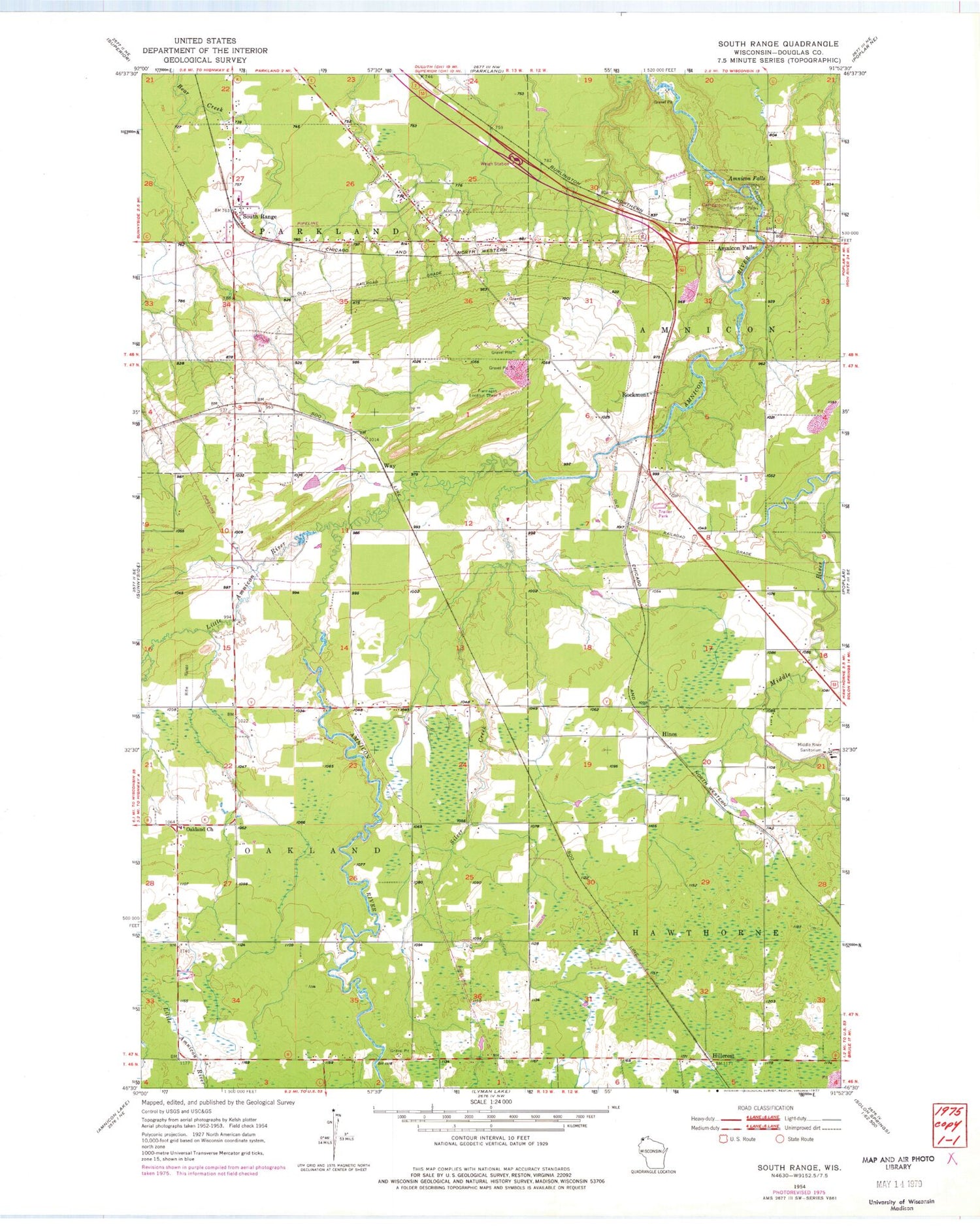 Classic USGS South Range Wisconsin 7.5'x7.5' Topo Map Image