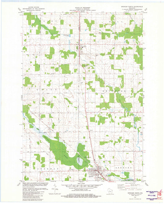 Classic USGS Spencer North Wisconsin 7.5'x7.5' Topo Map Image