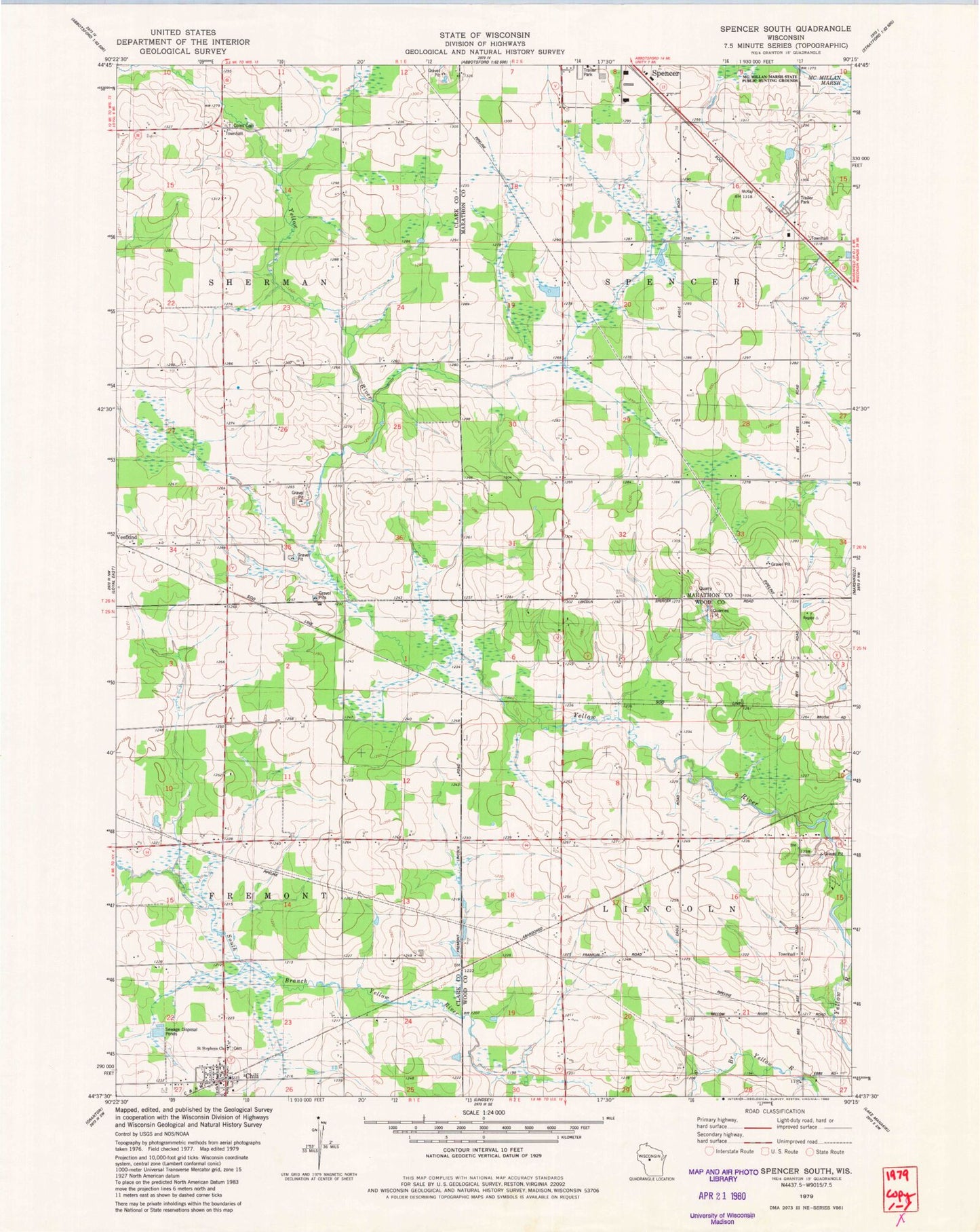 Classic USGS Spencer South Wisconsin 7.5'x7.5' Topo Map Image
