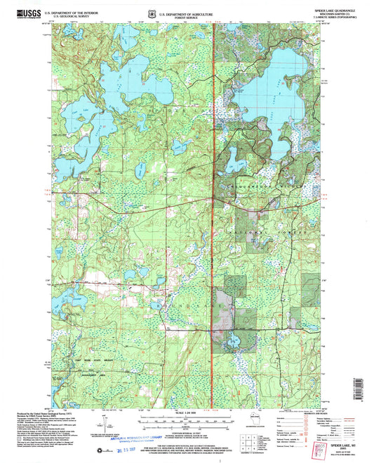 Classic USGS Spider Lake Wisconsin 7.5'x7.5' Topo Map Image