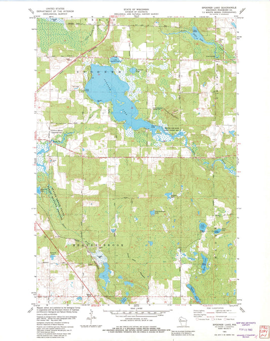 Classic USGS Spooner Lake Wisconsin 7.5'x7.5' Topo Map Image
