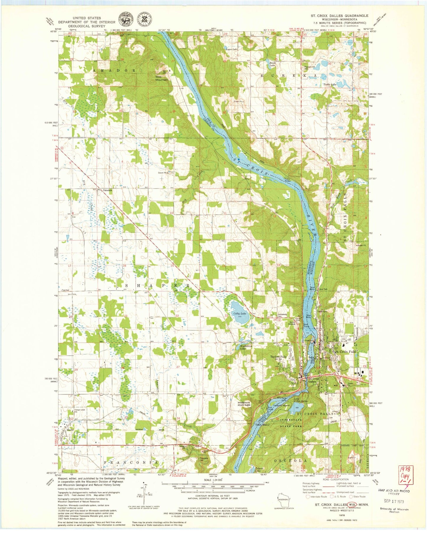 Classic USGS Saint Croix Dalles Wisconsin 7.5'x7.5' Topo Map Image