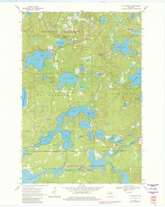 Classic USGS Saint Germain Wisconsin 7.5'x7.5' Topo Map Image