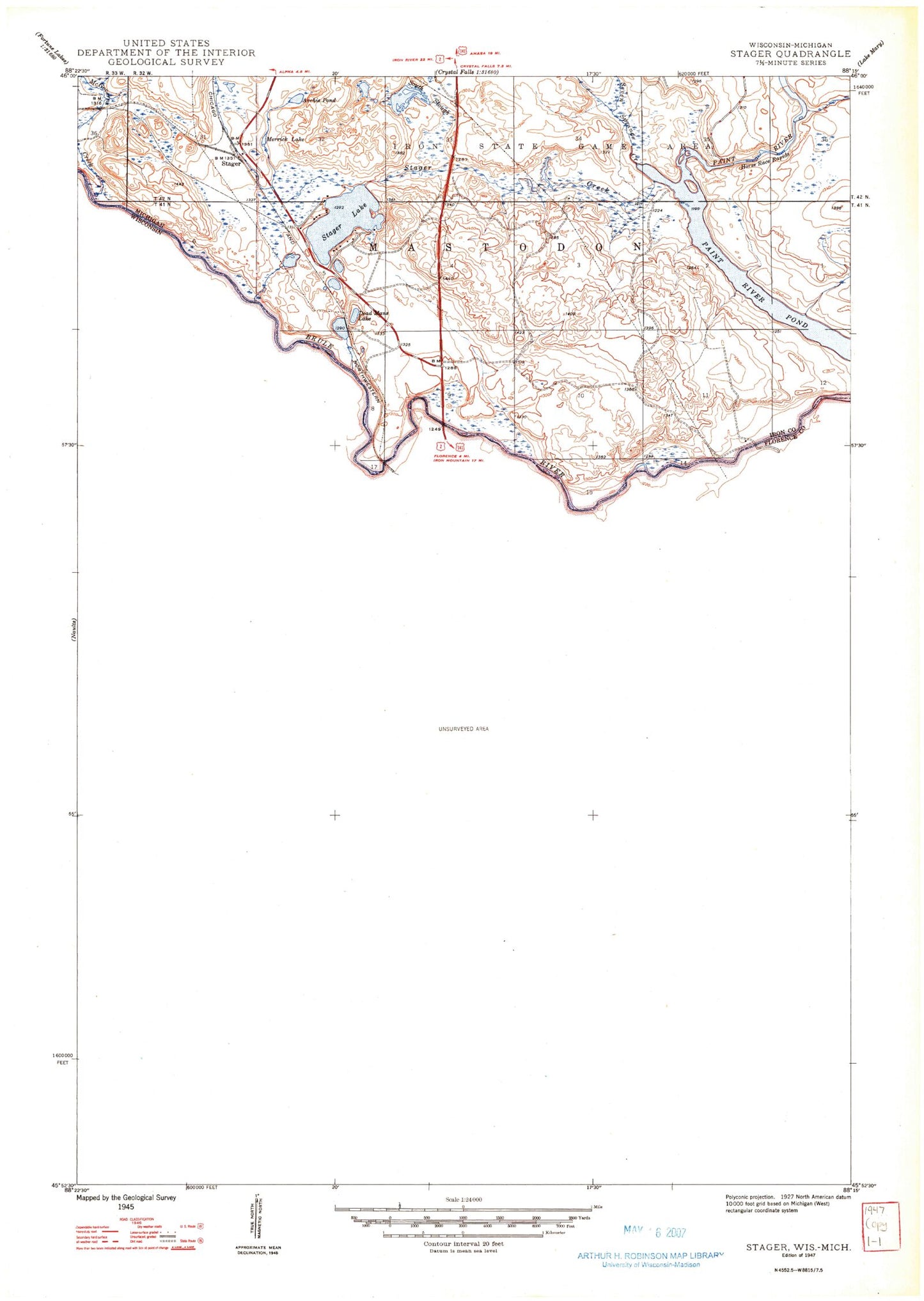 Classic USGS Florence West Wisconsin 7.5'x7.5' Topo Map Image