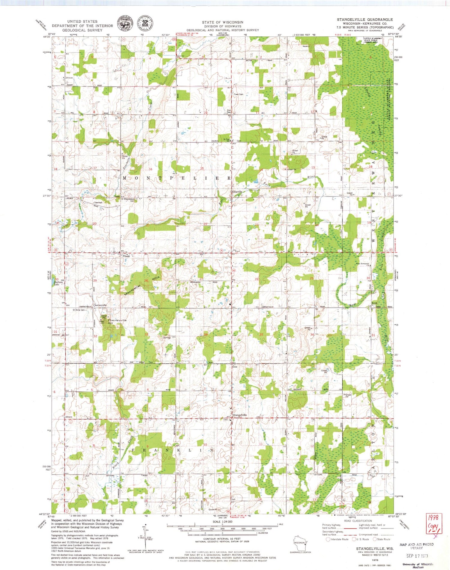 Classic USGS Stangelville Wisconsin 7.5'x7.5' Topo Map Image