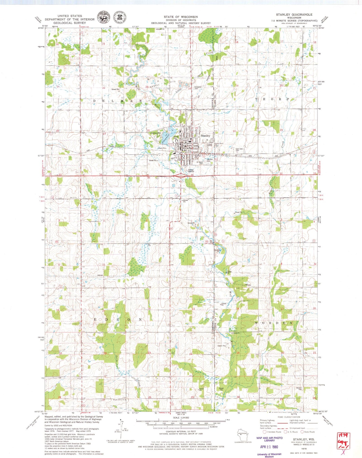Classic USGS Stanley Wisconsin 7.5'x7.5' Topo Map Image