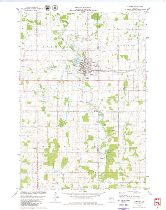 Classic USGS Stanley Wisconsin 7.5'x7.5' Topo Map Image