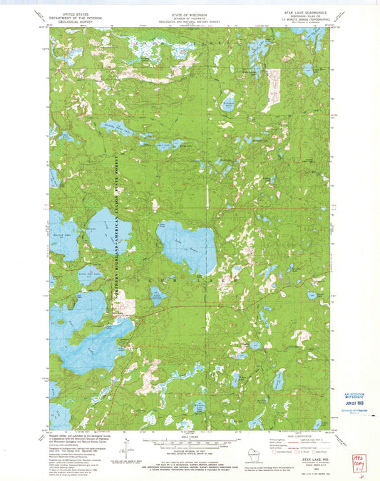 Classic USGS Star Lake Wisconsin 7.5'x7.5' Topo Map Image
