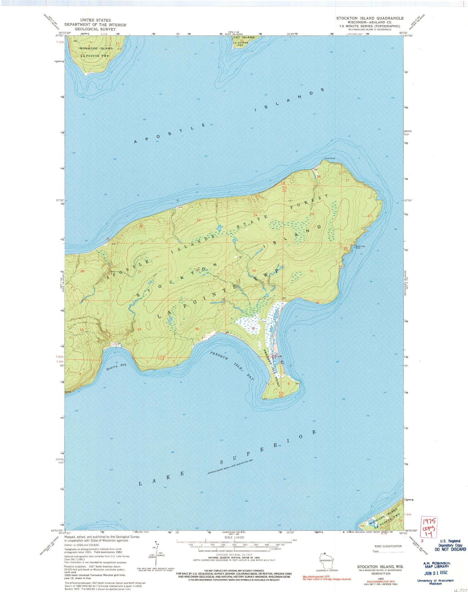 Classic USGS Stockton Island Wisconsin 7.5'x7.5' Topo Map Image