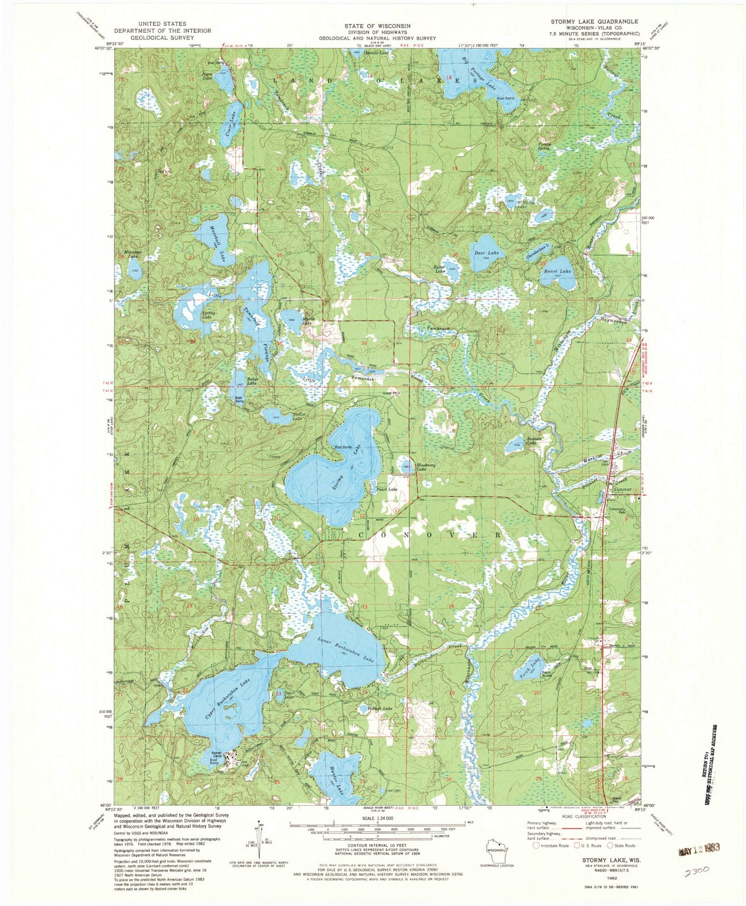 Classic USGS Stormy Lake Wisconsin 7.5'x7.5' Topo Map Image