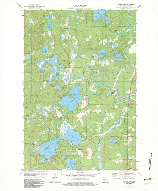 Classic USGS Stormy Lake Wisconsin 7.5'x7.5' Topo Map Image