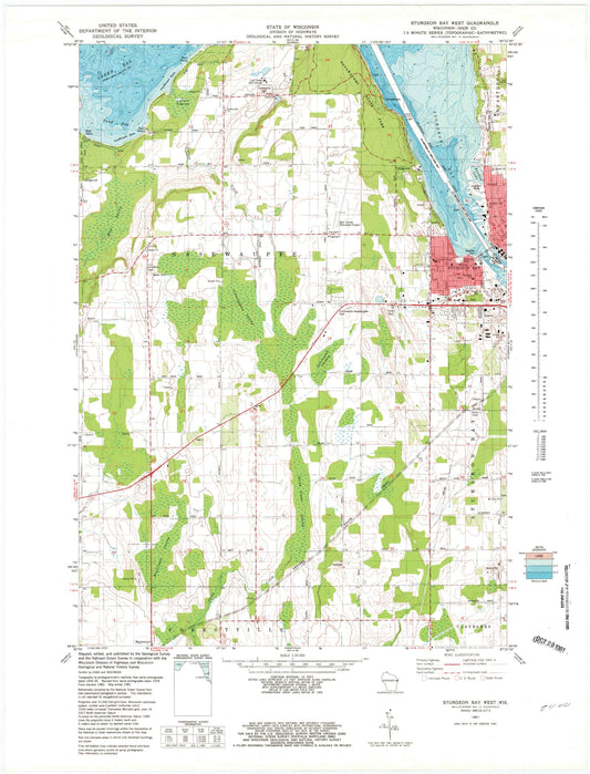 Classic USGS Sturgeon Bay West Wisconsin 7.5'x7.5' Topo Map Image