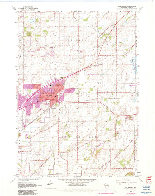Classic USGS Sun Prairie Wisconsin 7.5'x7.5' Topo Map Image