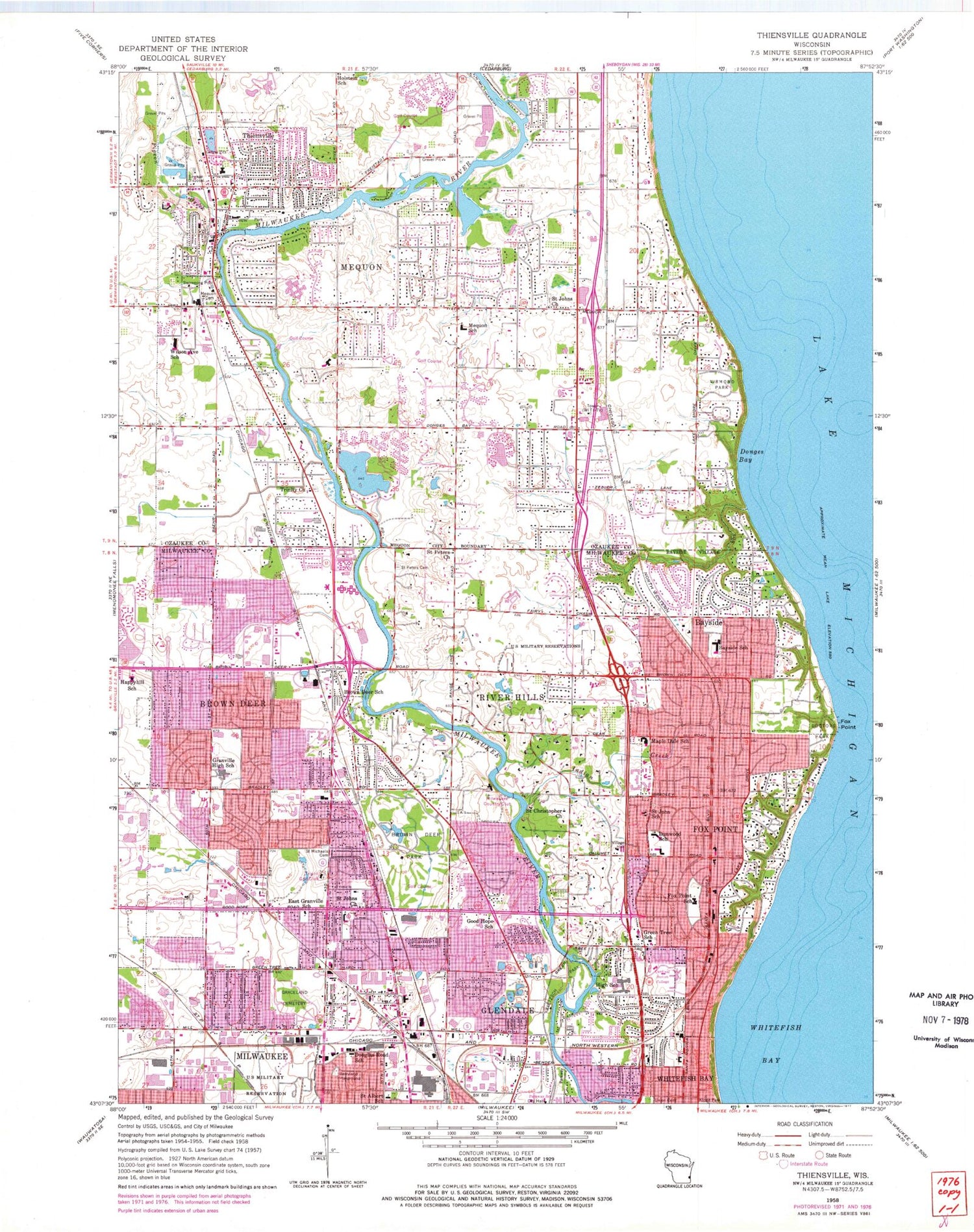 Classic USGS Thiensville Wisconsin 7.5'x7.5' Topo Map Image