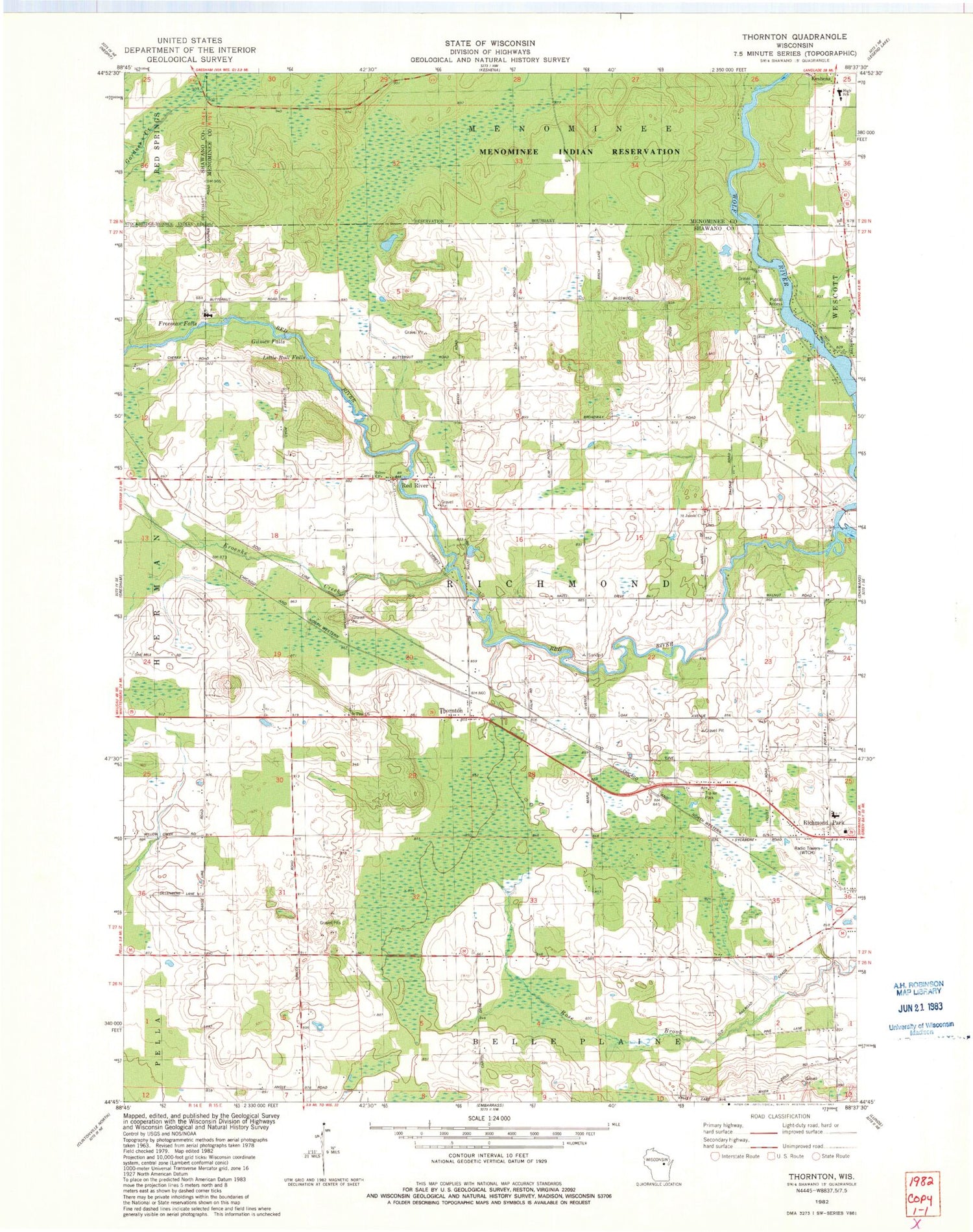 Classic USGS Thornton Wisconsin 7.5'x7.5' Topo Map Image