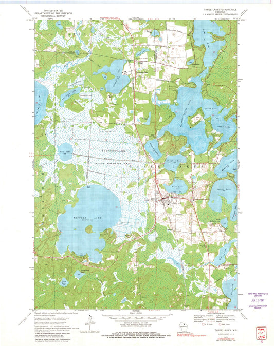 Classic USGS Three Lakes Wisconsin 7.5'x7.5' Topo Map Image
