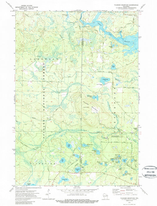 Classic USGS Thunder Mountain Wisconsin 7.5'x7.5' Topo Map Image