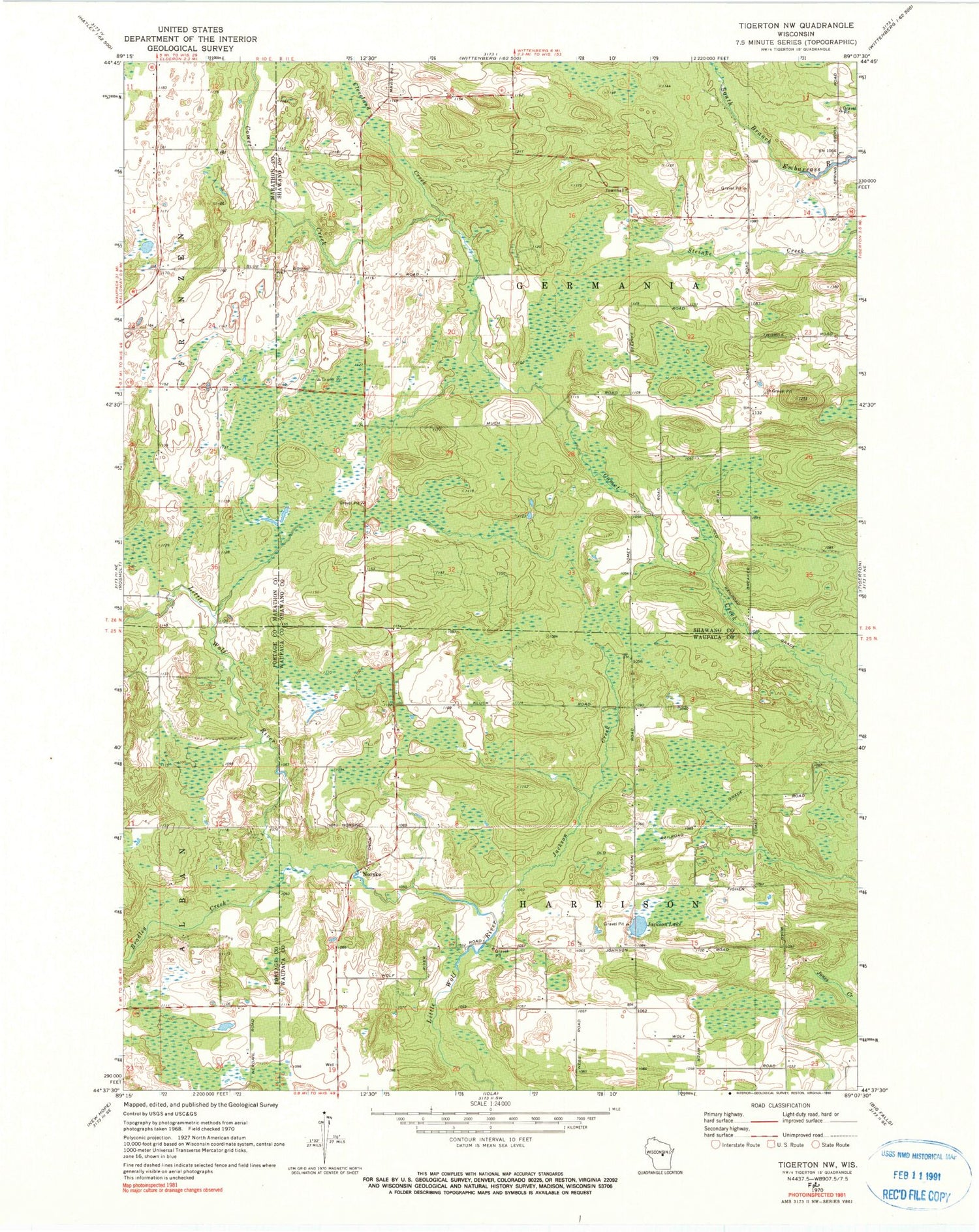 Classic USGS Tigerton NW Wisconsin 7.5'x7.5' Topo Map Image