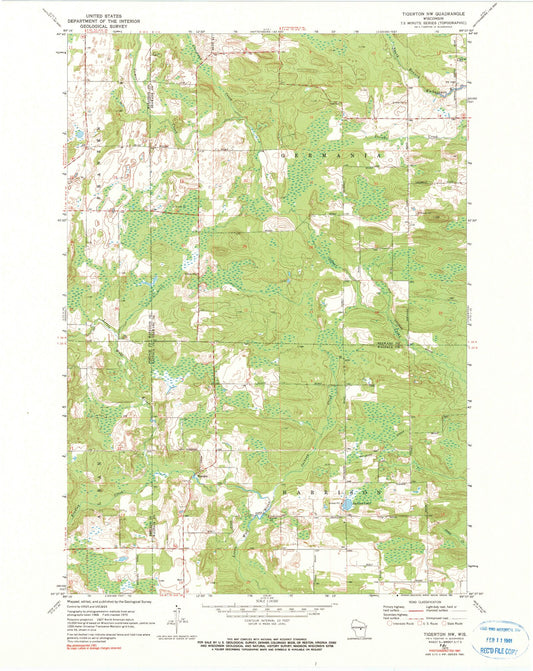 Classic USGS Tigerton NW Wisconsin 7.5'x7.5' Topo Map Image