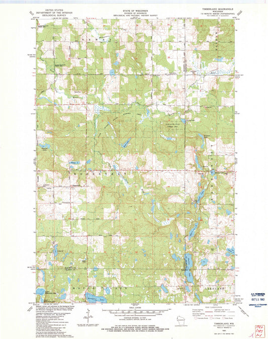 Classic USGS Timberland Wisconsin 7.5'x7.5' Topo Map Image