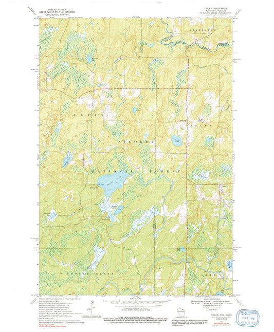 Classic USGS Tipler Wisconsin 7.5'x7.5' Topo Map Image