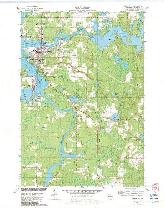 Classic USGS Tomahawk Wisconsin 7.5'x7.5' Topo Map Image