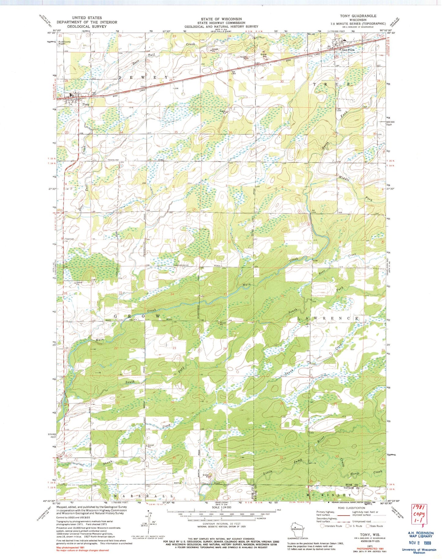 Classic USGS Tony Wisconsin 7.5'x7.5' Topo Map Image