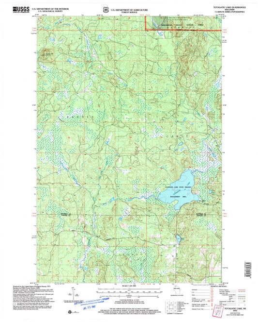 Classic USGS Totagatic Lake Wisconsin 7.5'x7.5' Topo Map Image