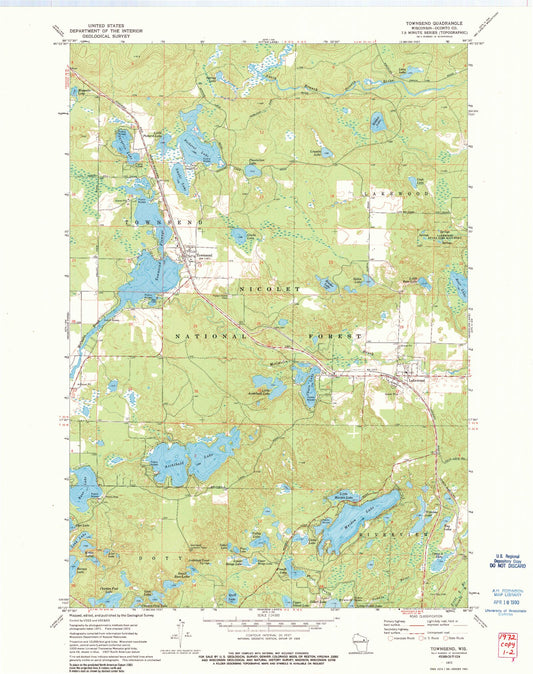 Classic USGS Townsend Wisconsin 7.5'x7.5' Topo Map Image