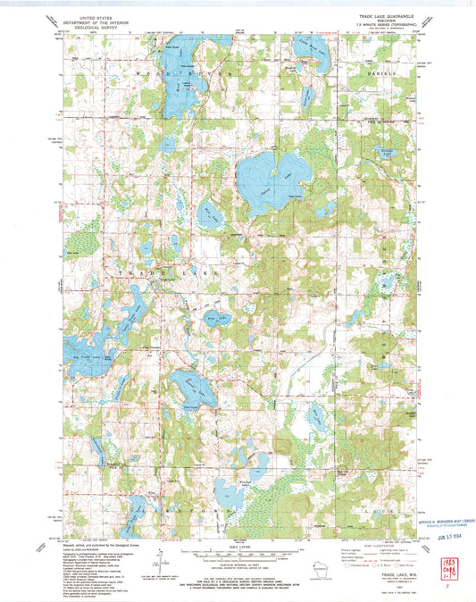 Classic USGS Trade Lake Wisconsin 7.5'x7.5' Topo Map Image