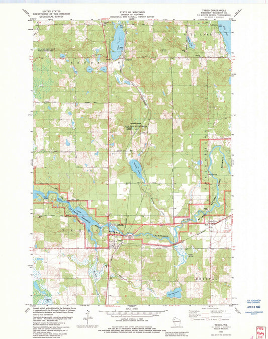 Classic USGS Trego Wisconsin 7.5'x7.5' Topo Map Image