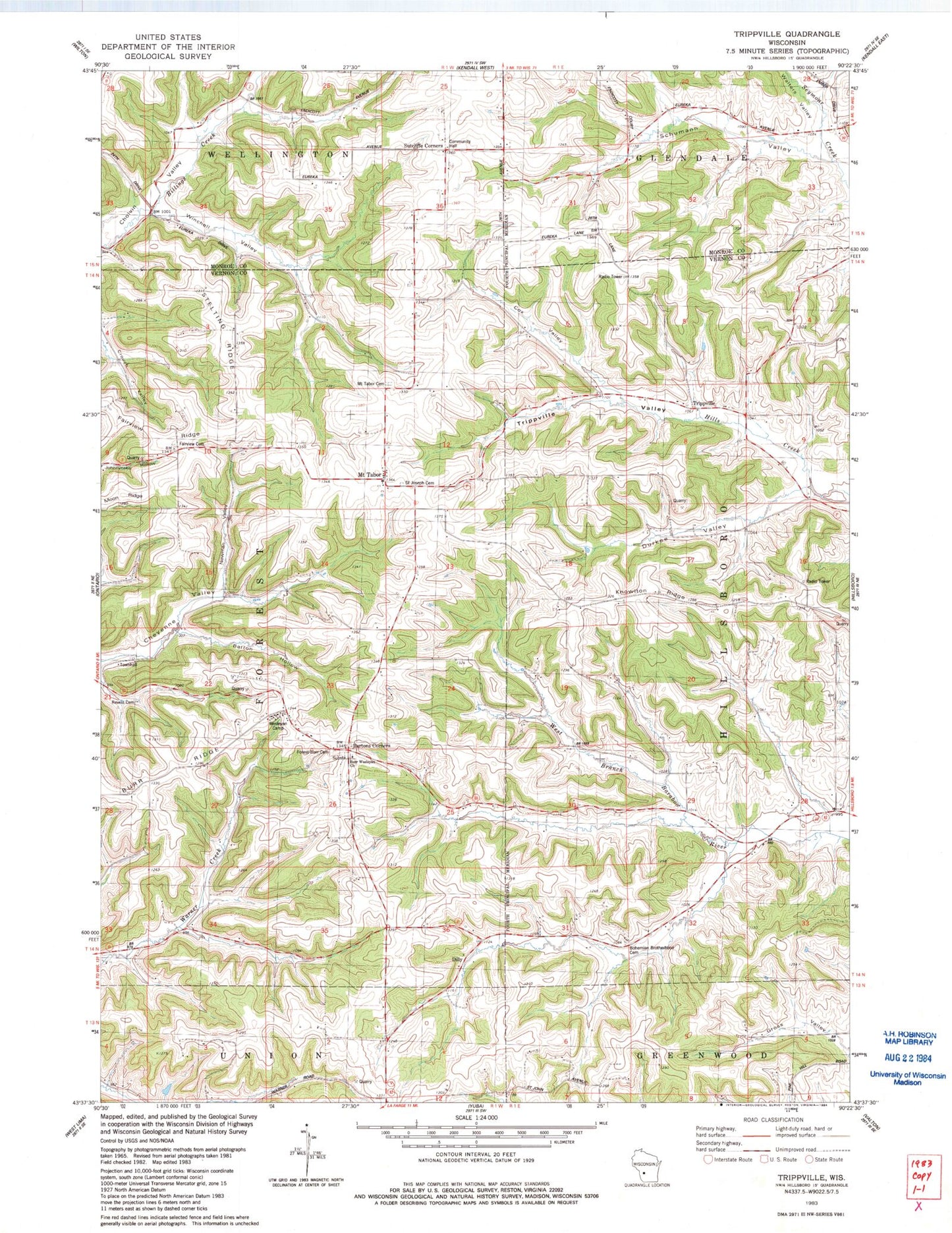 Classic USGS Trippville Wisconsin 7.5'x7.5' Topo Map Image