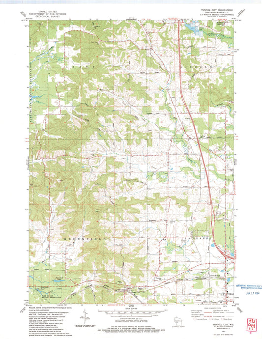 Classic USGS Tunnel City Wisconsin 7.5'x7.5' Topo Map Image